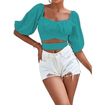 Umenlele Women's Sexy Off Shoulder Ruched Puff Half Sleeve Tie Knot Crop Blouse Top Lake Blue Small