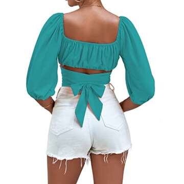 Umenlele Women's Sexy Off Shoulder Ruched Puff Half Sleeve Tie Knot Crop Blouse Top Lake Blue Small
