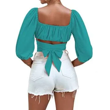 Umenlele Women's Sexy Off Shoulder Ruched Puff Half Sleeve Tie Knot Crop Blouse Top Lake Blue Small