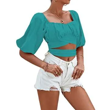 Umenlele Women's Sexy Off Shoulder Ruched Puff Half Sleeve Tie Knot Crop Blouse Top Lake Blue Small