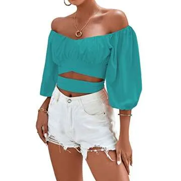 Umenlele Women's Sexy Off Shoulder Ruched Puff Half Sleeve Tie Knot Crop Blouse Top Lake Blue Small