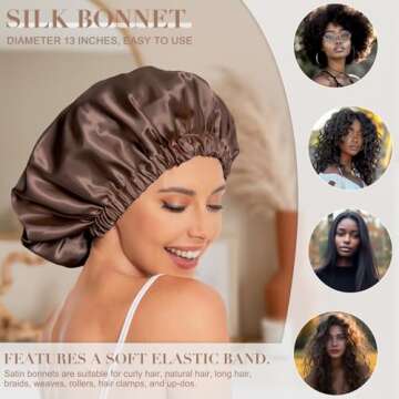 Satin Bonnet Silk Bonnet Hair Bonnet for Sleeping-Slouchy Beanie Hat Satin Sleep Cap for Women's Natural & Curly Hair(Brown)