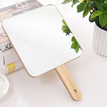 Handheld Travel Mirror with Handle, Dressing Table Mirror, Wood Handheld Plain Mirror, Square and Round, Cosmetic Salon Makeup Hand Mirror for Professional Barbers and Hairdressers,15*15cm 1