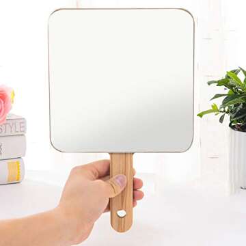 Handheld Travel Mirror with Handle, Dressing Table Mirror, Wood Handheld Plain Mirror, Square and Round, Cosmetic Salon Makeup Hand Mirror for Professional Barbers and Hairdressers,15*15cm 1
