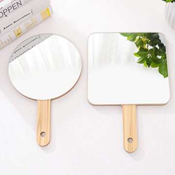 Handheld Travel Mirror with Handle, Dressing Table Mirror, Wood Handheld Plain Mirror, Square and Round, Cosmetic Salon Makeup Hand Mirror for Professional Barbers and Hairdressers,15*15cm 1