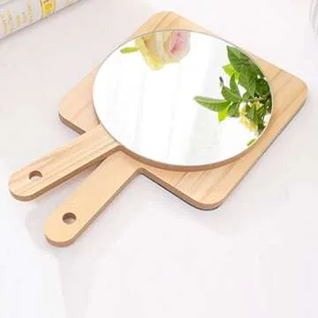 Handheld Travel Mirror with Handle, Dressing Table Mirror, Wood Handheld Plain Mirror, Square and Round, Cosmetic Salon Makeup Hand Mirror for Professional Barbers and Hairdressers,15*15cm 1