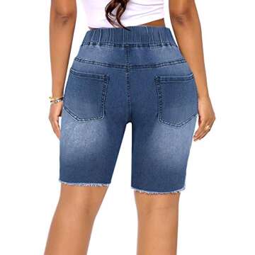 luvamia Women's Summer Ripped Hole Washed Distressed Elastic Waisted Casual Short Jeans Denim Blue S...