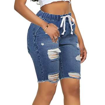 luvamia Women's Summer Ripped Hole Washed Distressed Elastic Waisted Casual Short Jeans Denim Blue Size Small