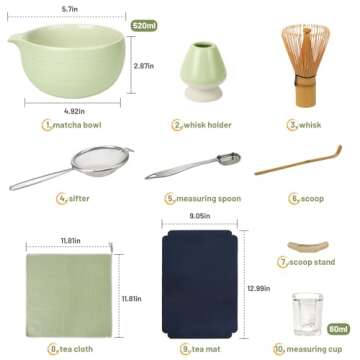 Joiish 10-Pcs Matcha Kit Set, Whisk and Bowl with Spout & Measuring Spoon, Japanese Tea Making Tools