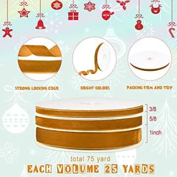 Yilloog 3 Rolls 75 Yards Christmas Velvet Ribbon 3/8 5/8 1 Inch Vintage Single Face Wrapping Satin f...