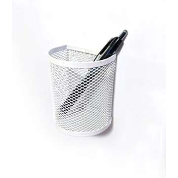 Magnetic Pen Pencil Mesh Metal Basket Holder Container Storage Organizer for Kitchen Refrigerator Fridge Whiteboard Dry Erase File Cabinet Locker (White)(Set of 2)
