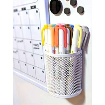 Magnetic Pen Pencil Mesh Metal Basket Holder Container Storage Organizer for Kitchen Refrigerator Fridge Whiteboard Dry Erase File Cabinet Locker (White)(Set of 2)