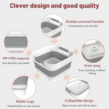 MontNorth 2.4 Gal Collapsbile Wash Basin with Drian Plug,9L Dish Pan for Soaking Baby Bottles,Portable Sink, Multiuse Foldable Bucket,Ice Beverage Tubs for Camping, Vegetable Washing, RV (Gray)