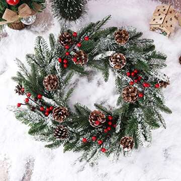 H&W 20 Inch Christmas Wreath for Front Door with Realistic Snowflakes Red Berries Pinecones Christma...