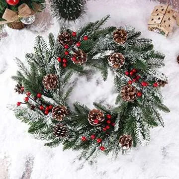 H&W 20 Inch Christmas Wreath for Front Door with Realistic Snowflakes Red Berries Pinecones Christma...