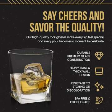  Double Old Fashioned Whiskey Glass (Set of 4) with Granite Chilling Stones - 10 oz Heavy Base Rocks...