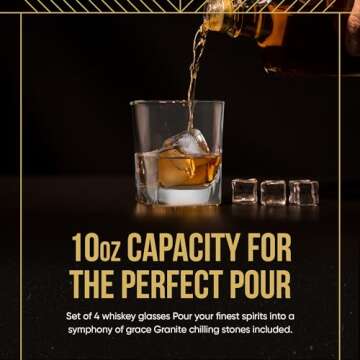  Double Old Fashioned Whiskey Glass (Set of 4) with Granite Chilling Stones - 10 oz Heavy Base Rocks Barware Glasses for Scotch, Bourbon and Cocktail Drinks