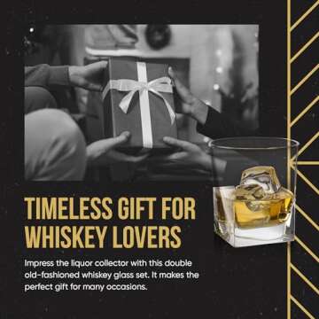  Double Old Fashioned Whiskey Glass (Set of 4) with Granite Chilling Stones - 10 oz Heavy Base Rocks Barware Glasses for Scotch, Bourbon and Cocktail Drinks