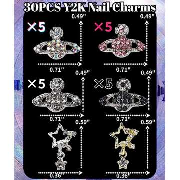30PCS Planet Nail Charms 3D Star Gold and Silver Nail Charms for Acrylic Nails Y2K 3D Nail Rhinestones Gems Silver Nail Jewelry