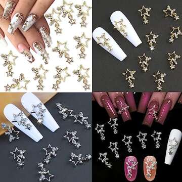 30PCS Planet Nail Charms 3D Star Gold and Silver Nail Charms for Acrylic Nails Y2K 3D Nail Rhinestones Gems Silver Nail Jewelry