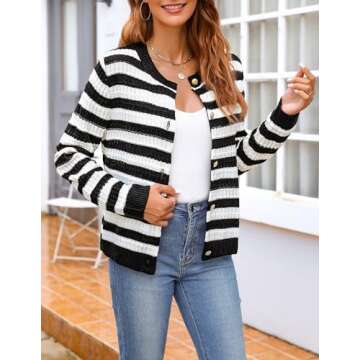 Zeagoo Women's 2025 Cardigan Sweaters Button Down Crew Neck Open Front Long Sleeve Knit Cropped Jackets Black White