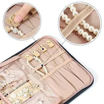 NISHEL Travel Jewelry Organizer Roll, Transparent Foldable Case for Necklaces, Earrings, Rings, Bracelets, Watch, Black