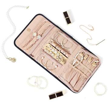 NISHEL Travel Jewelry Organizer Roll, Transparent Foldable Case for Necklaces, Earrings, Rings, Bracelets, Watch, Black