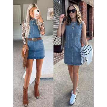 Wenrine Womens Denim Mini Dress Casual Sleeveless Crewneck Summer Jean Tank Dresses