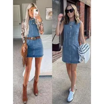 Wenrine Womens Denim Mini Dress Casual Sleeveless Crewneck Summer Jean Tank Dresses