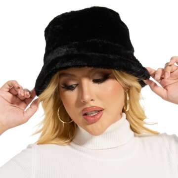 Sydbecs Winter Bucket Hat Fluffy Faux Fur Fisherman Cap for Women Men Solid Color Style(Black)