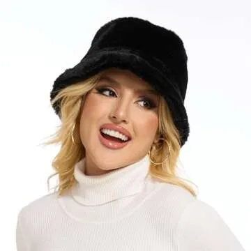 Sydbecs Winter Bucket Hat Fluffy Faux Fur Fisherman Cap for Women Men Solid Color Style(Black)