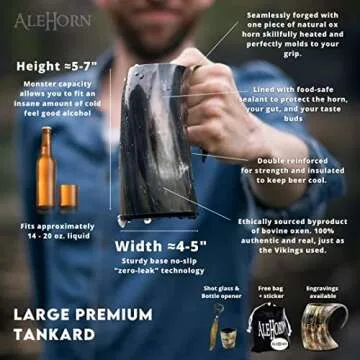 AleHorn Viking Horn Mug, Shot Glass and Bottle Opener Bundle | Unique Viking Gift for Men | Viking Drinking Horn Set | Viking Cup | Christmas Gifts for Men - Viking Mug Set for Beer, Ale or Mead-16 oz