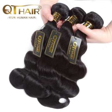 QTHAIR Brazilian Virgin Hair 16A Grade Body Wave Bundles 100% Unprocessed Virgin Brazilian Body Wavy Human Hair Bundles 20" 18" 16" 300g Brazilian Body Wave Human Hair Extensions