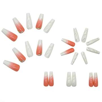 Foccna Gradient Pink Press on Nails Coffin Long Fake Nails Bling False Nails Rhinestone Design White Nails Full Cover False Nail Tips 24 pcs