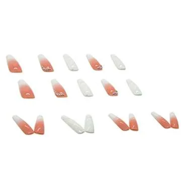 Foccna Gradient Pink Press on Nails Coffin Long Fake Nails Bling False Nails Rhinestone Design White Nails Full Cover False Nail Tips 24 pcs
