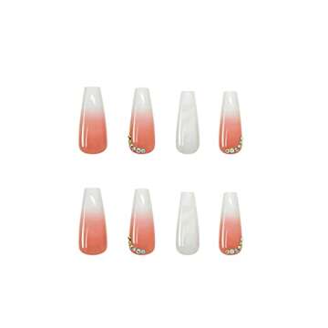 Foccna Gradient Pink Press on Nails Coffin Long Fake Nails Bling False Nails Rhinestone Design White Nails Full Cover False Nail Tips 24 pcs
