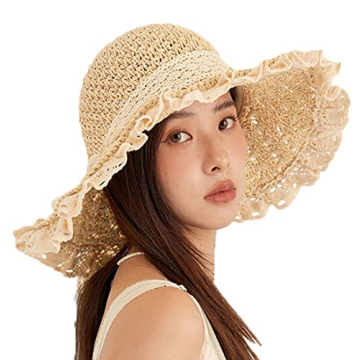 Womens Sun Hat Floppy Wide Brim Lace Beach Cap UPF 50+ Foldable Summer Travel Straw Sun Hats for Wom...