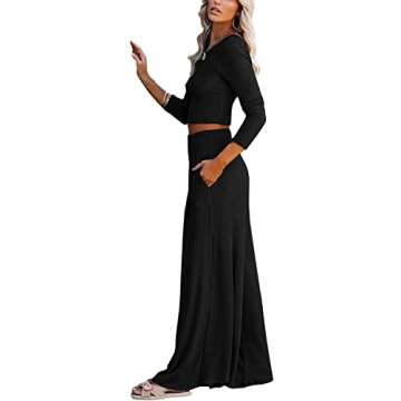 Lveberw Lounge Set Womens, Outfits Sets, Ribbed Crop Top Long Sleeve, Palazzo Pants - Loose Sweatsuit Knit,2 Piece Pajamas(Black, Small)