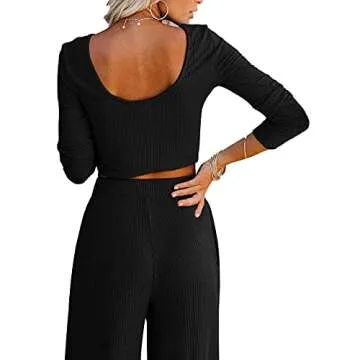 Lveberw Lounge Set Womens, Outfits Sets, Ribbed Crop Top Long Sleeve, Palazzo Pants - Loose Sweatsuit Knit,2 Piece Pajamas(Black, Small)