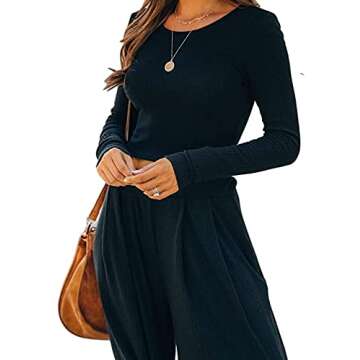 Lveberw Lounge Set Womens, Outfits Sets, Ribbed Crop Top Long Sleeve, Palazzo Pants - Loose Sweatsuit Knit,2 Piece Pajamas(Black, Small)