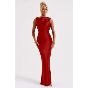 Memoriesea Women's Satin Elegant Sleeveless High Neck Tie Cocktail Party Maxi Dress Red
