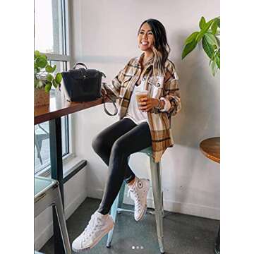 DOROSE Womens Shakets Flannel Shirts Halloween Shirts Christmas Plaid Coats Fall Winter (Khaki, Medium)