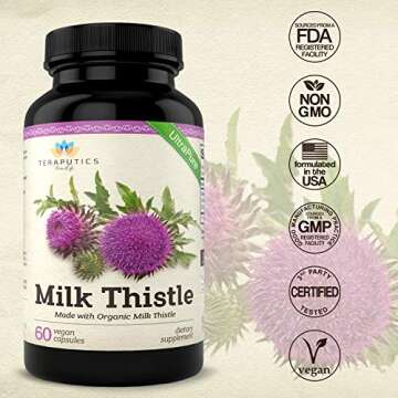 Organic Milk Thistle | Non GMO 2000mg 4X Concentrated Vegan Daily Supplement w/Silymarin Seed Extract for Liver Support, Detox and Cleanse - 60 Veggie Capsules