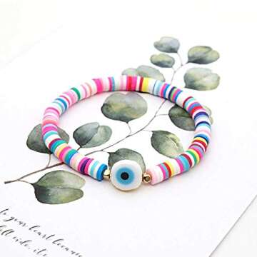 Pingyongchang 2Pcs/Set Rainbow Clay Beads Evil Eye Bracelets Set Stackable Beaded Handwoven Colorful...