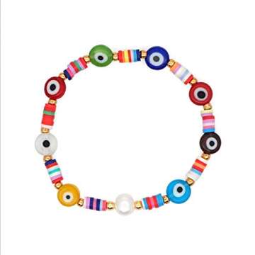 Pingyongchang 2Pcs/Set Rainbow Clay Beads Evil Eye Bracelets Set Stackable Beaded Handwoven Colorful Bracelet Surfer Summer Boho Layering Friendship Jewelry for Women Men Beach