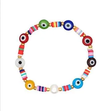 Pingyongchang 2Pcs/Set Rainbow Clay Beads Evil Eye Bracelets Set Stackable Beaded Handwoven Colorful Bracelet Surfer Summer Boho Layering Friendship Jewelry for Women Men Beach