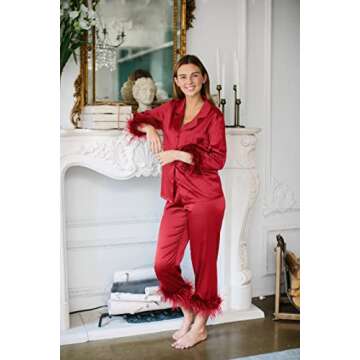 Belle's Design Feather Bridal Pajamas - Satin Silk Pants and Long Sleeve Feather Trim, Wedding, Bach...