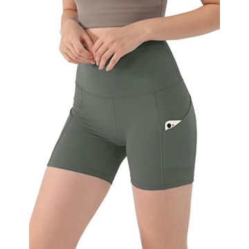 ODODOS Women's 4" High Waist Biker Shorts with Pockets, Tummy Control Non See Through Workout Sports Athletic Running Yoga Shorts, Charcoal Gray, Small
