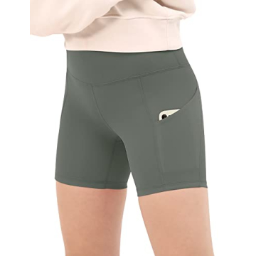 ODODOS Women's 4" High Waist Biker Shorts with Pockets, Tummy Control Non See Through Workout Sports Athletic Running Yoga Shorts, Charcoal Gray, Small