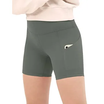 ODODOS Women's 4" High Waist Biker Shorts with Pockets, Tummy Control Non See Through Workout Sports Athletic Running Yoga Shorts, Charcoal Gray, Small